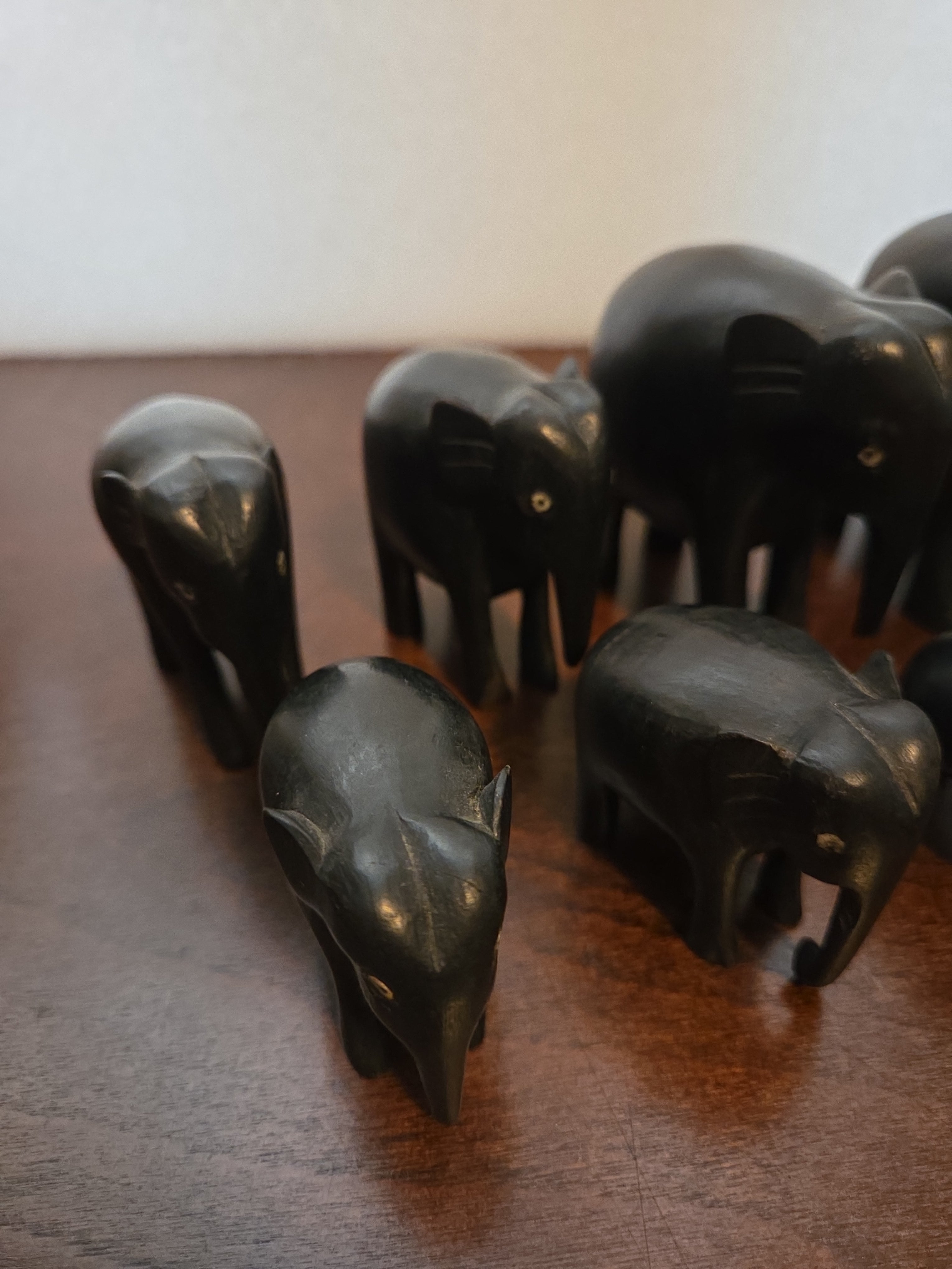 Vintage Hand Carved Wooden Elephant Figurines Set of 8 Black Ebony Style India Decor