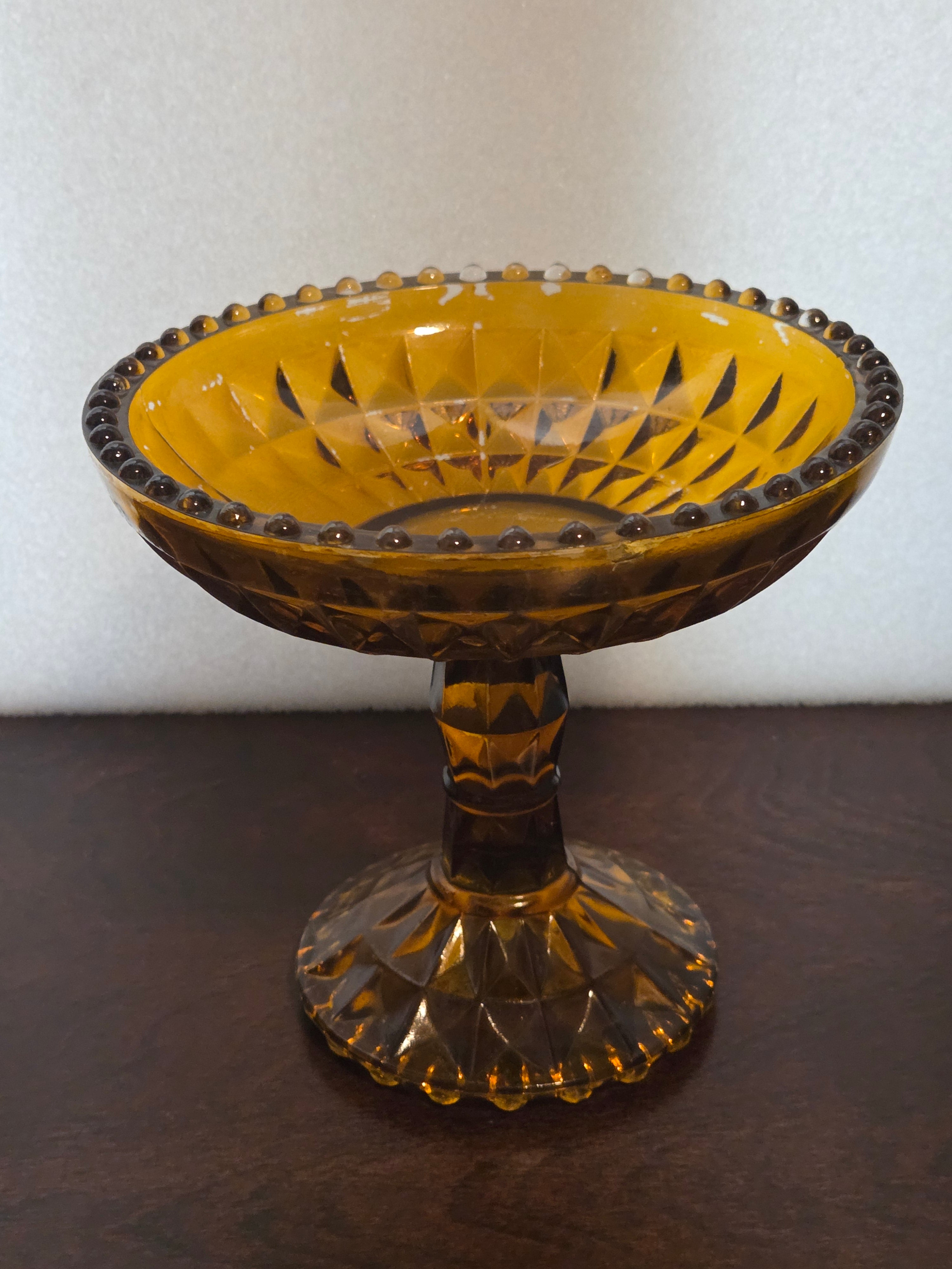 Vintage Amber Glass Pedestal Compote Candy Dish Beaded Rim Pressed Glass 1970s