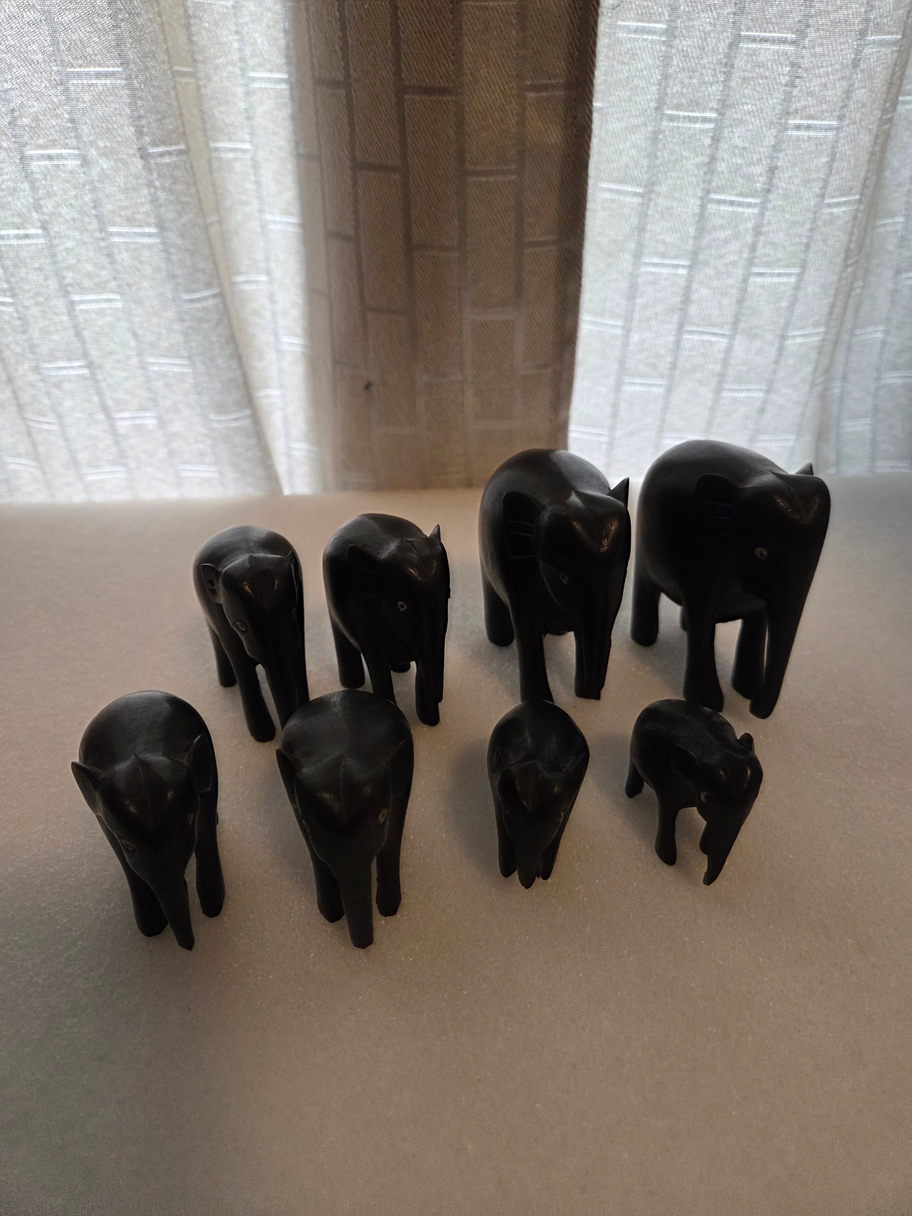Vintage Hand Carved Wooden Elephant Figurines Set of 8 Black Ebony Style India Decor