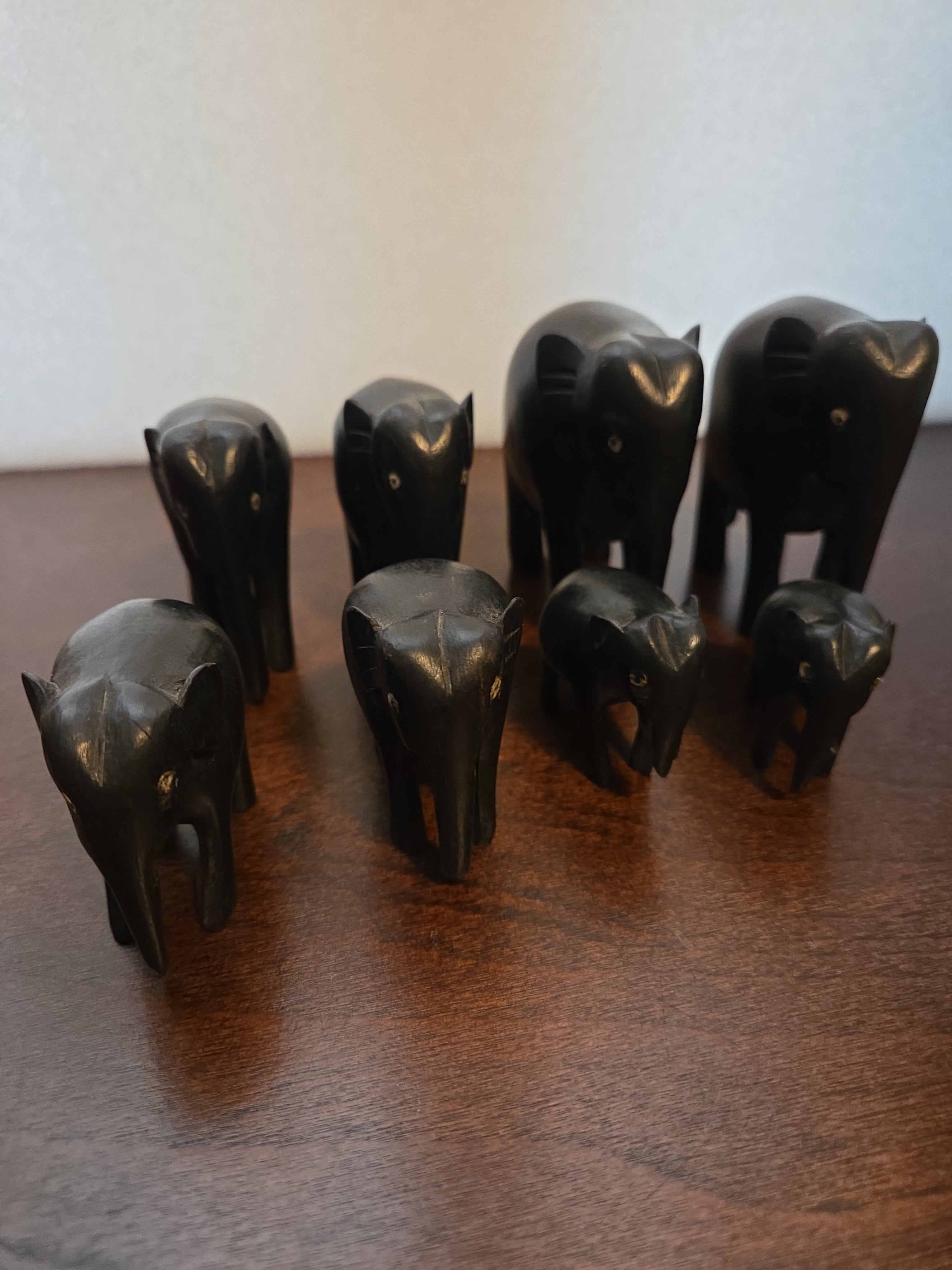 Vintage Hand Carved Wooden Elephant Figurines Set of 8 Black Ebony Style India Decor