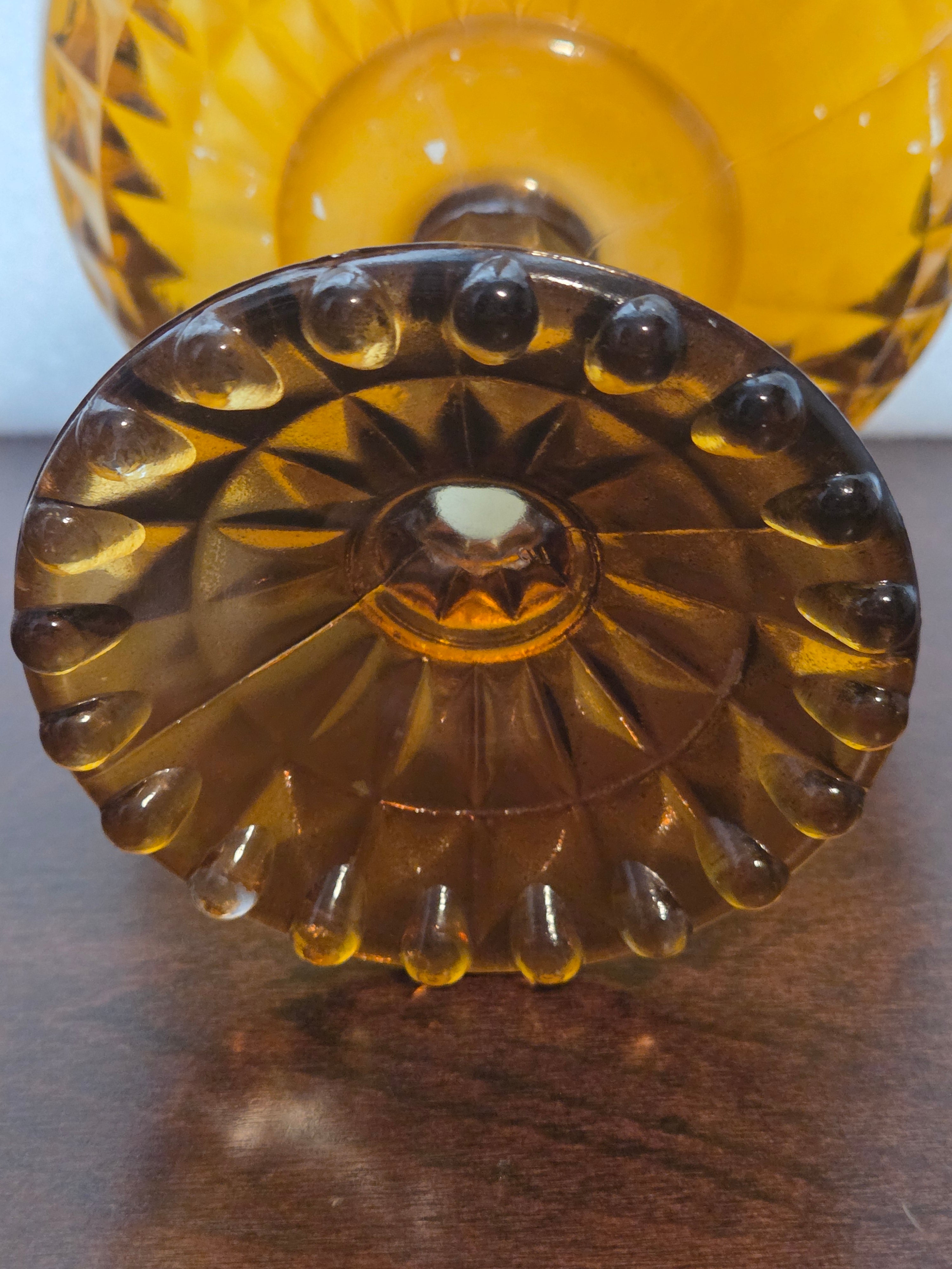 Vintage Amber Glass Pedestal Compote Candy Dish Beaded Rim Pressed Glass 1970s