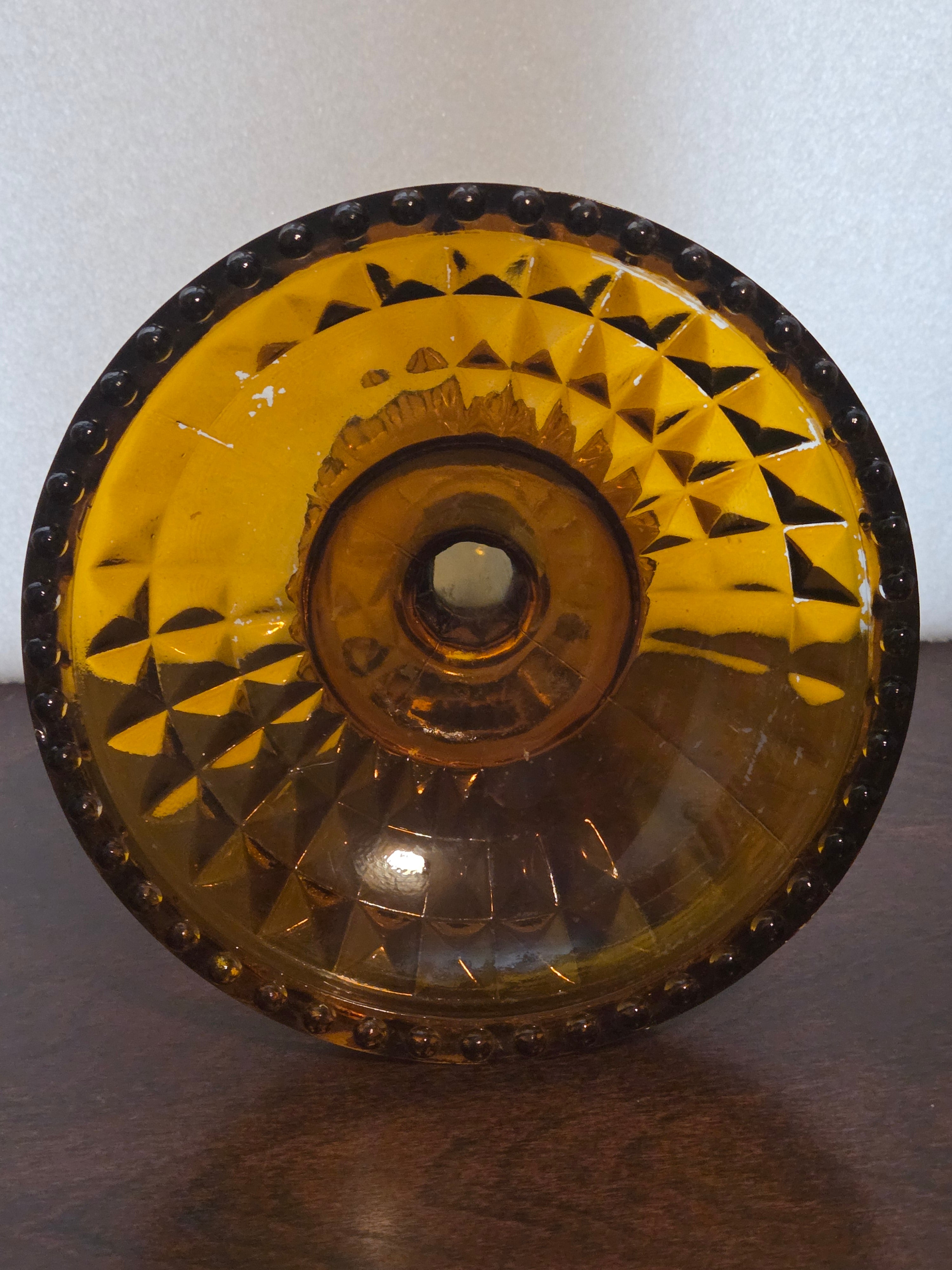 Vintage Amber Glass Pedestal Compote Candy Dish Beaded Rim Pressed Glass 1970s