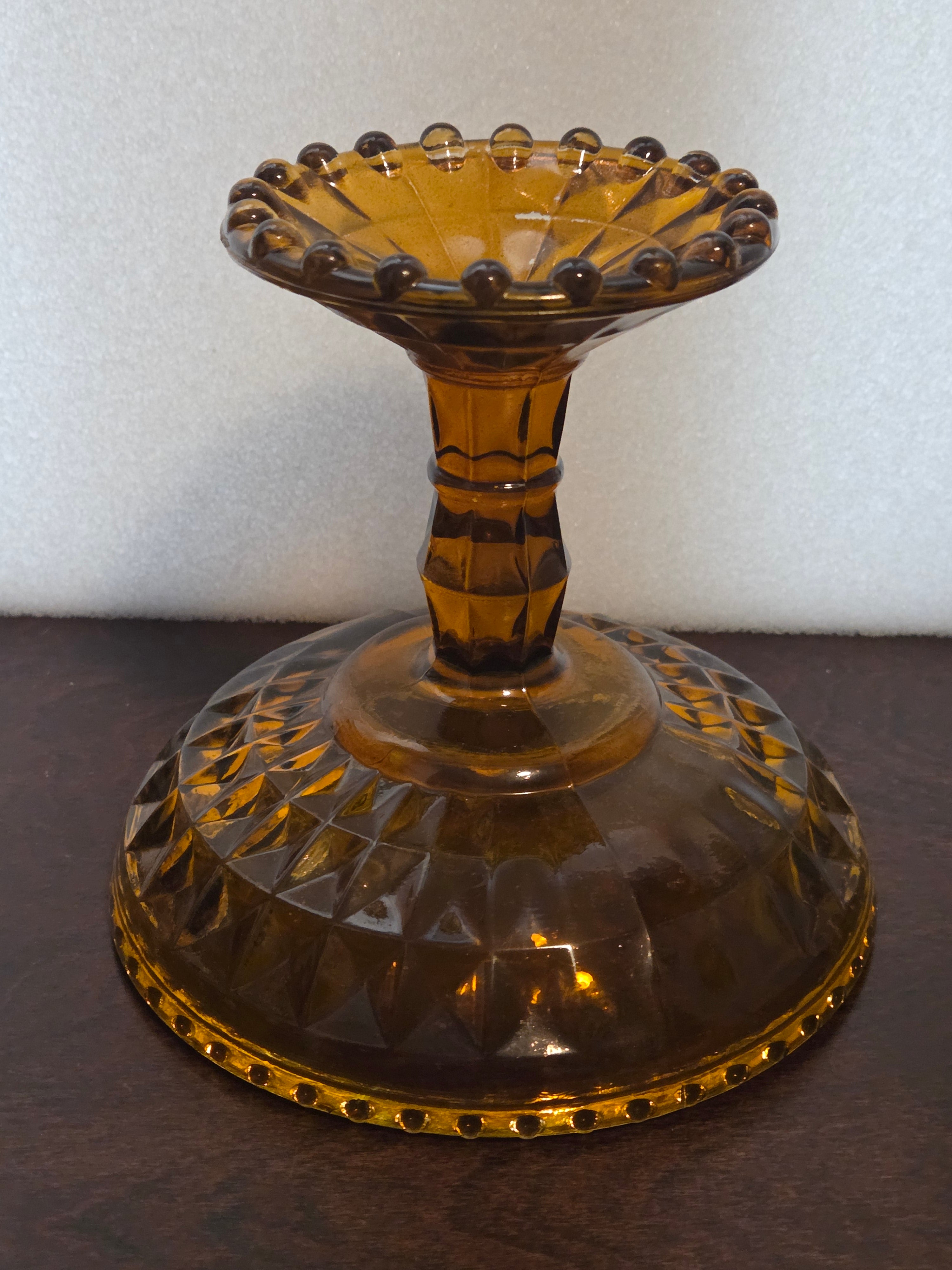 Vintage Amber Glass Pedestal Compote Candy Dish Beaded Rim Pressed Glass 1970s
