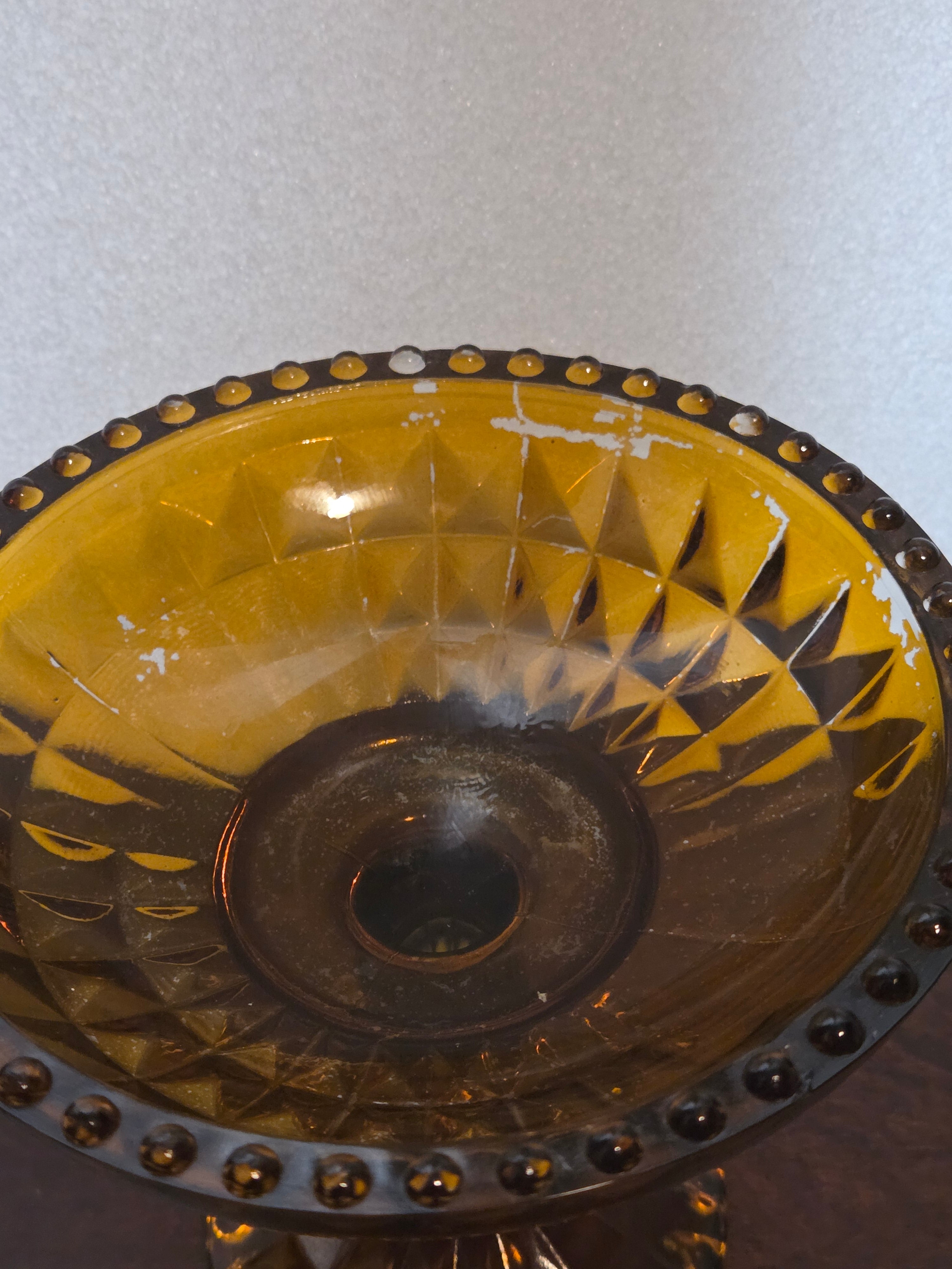 Vintage Amber Glass Pedestal Compote Candy Dish Beaded Rim Pressed Glass 1970s