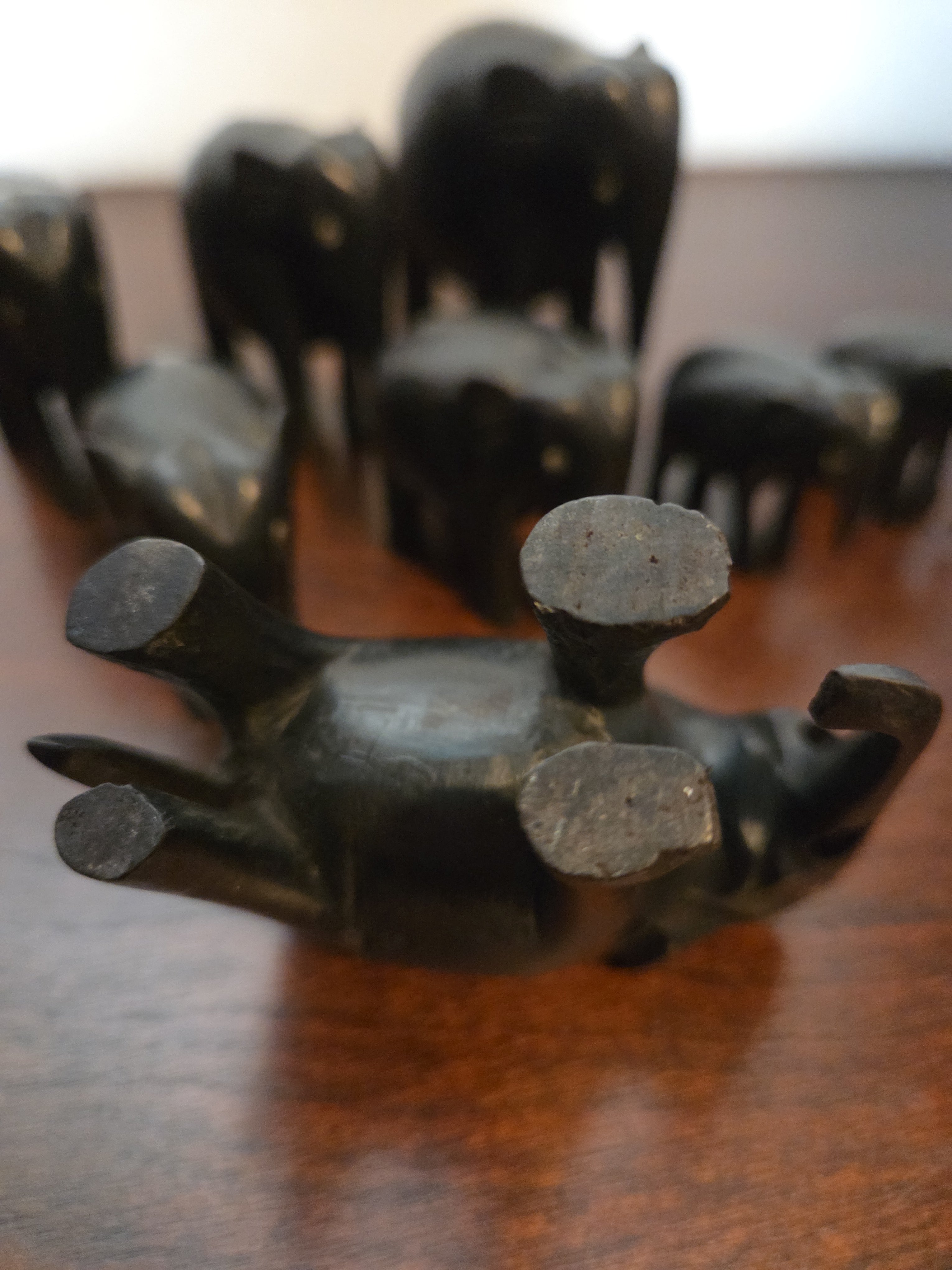 Vintage Hand Carved Wooden Elephant Figurines Set of 8 Black Ebony Style India Decor