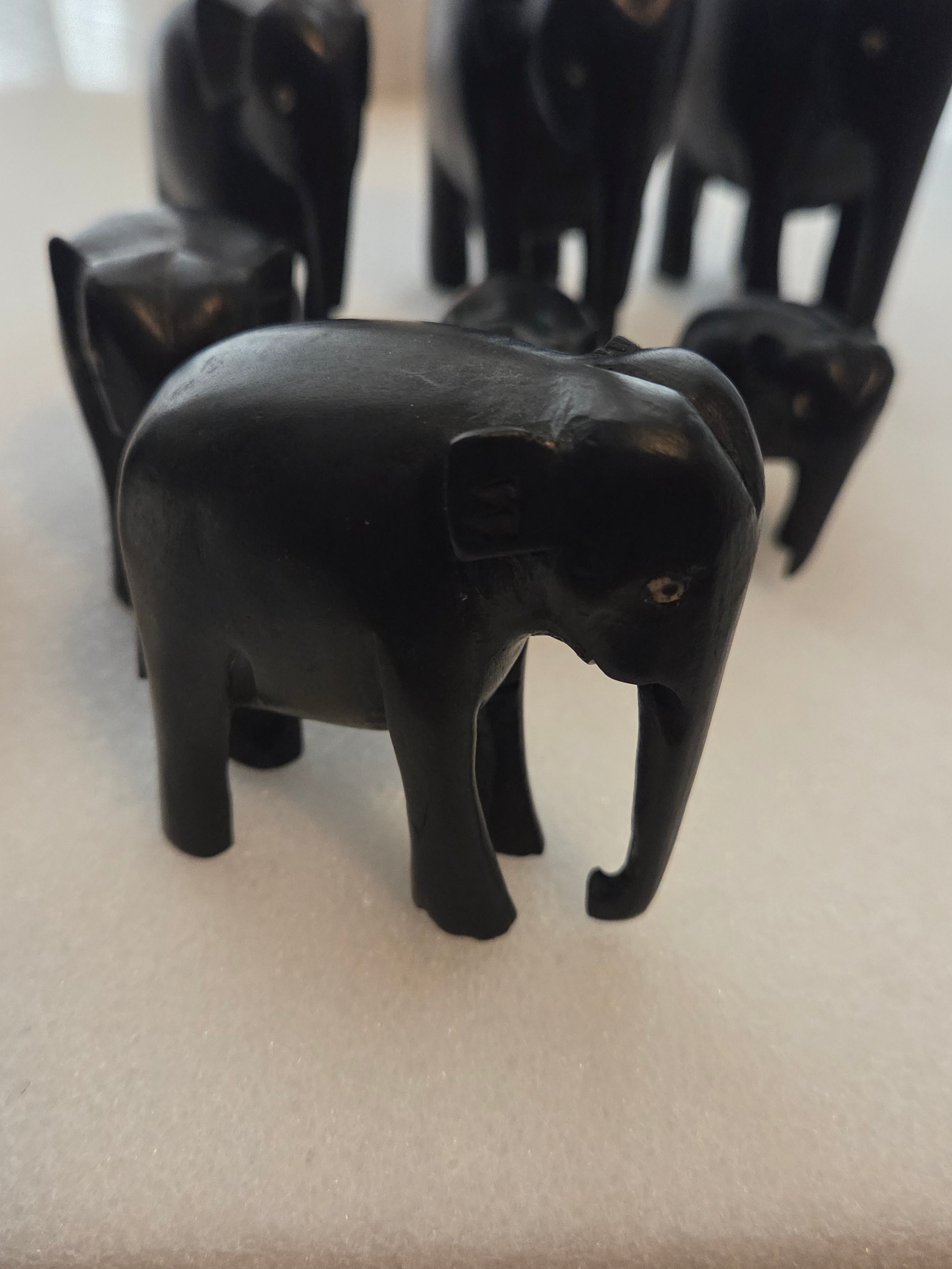 Vintage Hand Carved Wooden Elephant Figurines Set of 8 Black Ebony Style India Decor